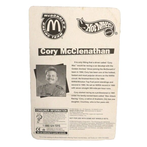 Hot Wheels McDonald's Racing Team CORY MAC toy car vintage MATTEL 1996, NEW - Picture 2 of 2